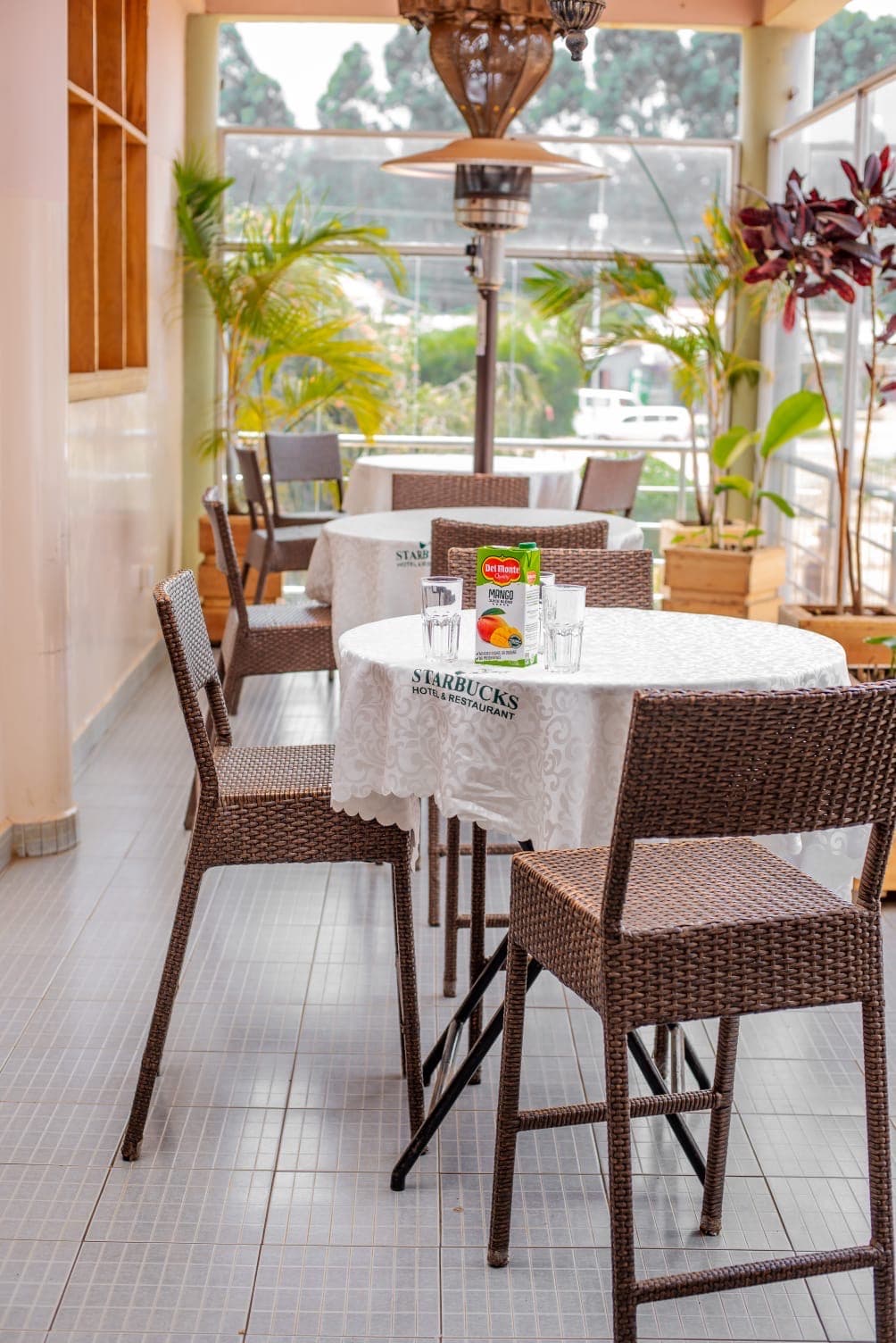 Terrace seating in the dining area at The Starbucks Hotel, Eldoret