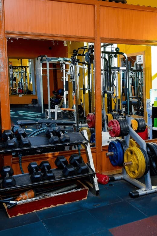 Weights rack and mirror at the fitness centre, The Starbucks Hotel, Eldoret