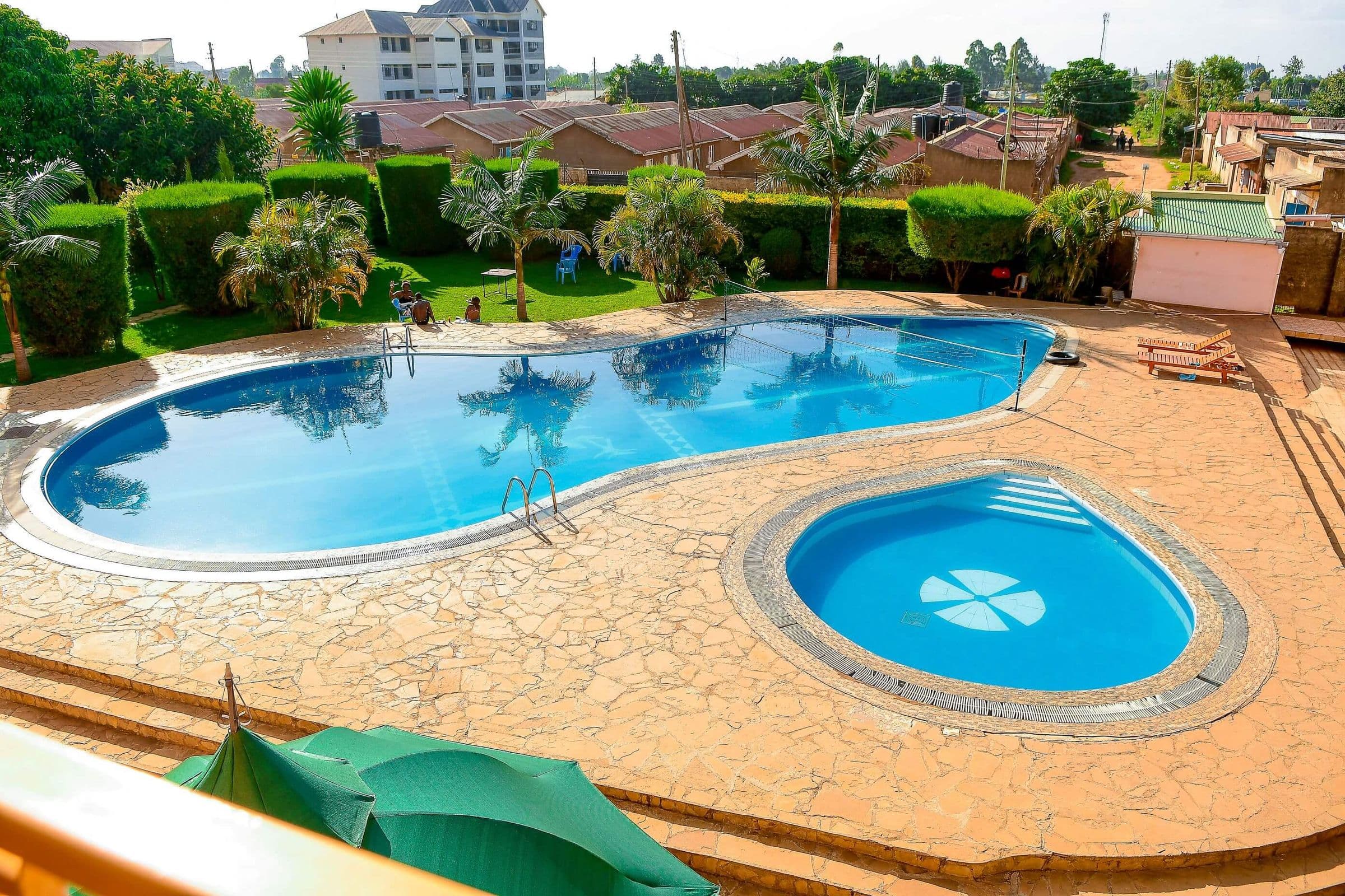 Aerial view of the grounds and pool at The Starbucks Hotel, Eldoret